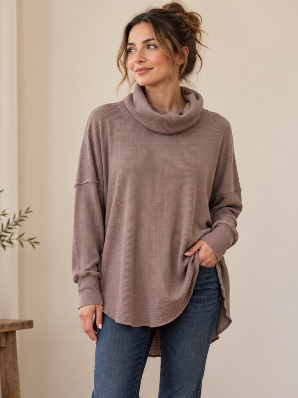 The Group by Babaton Mauve Waffle Knit Cowlneck Minimalist OversizedTop Large